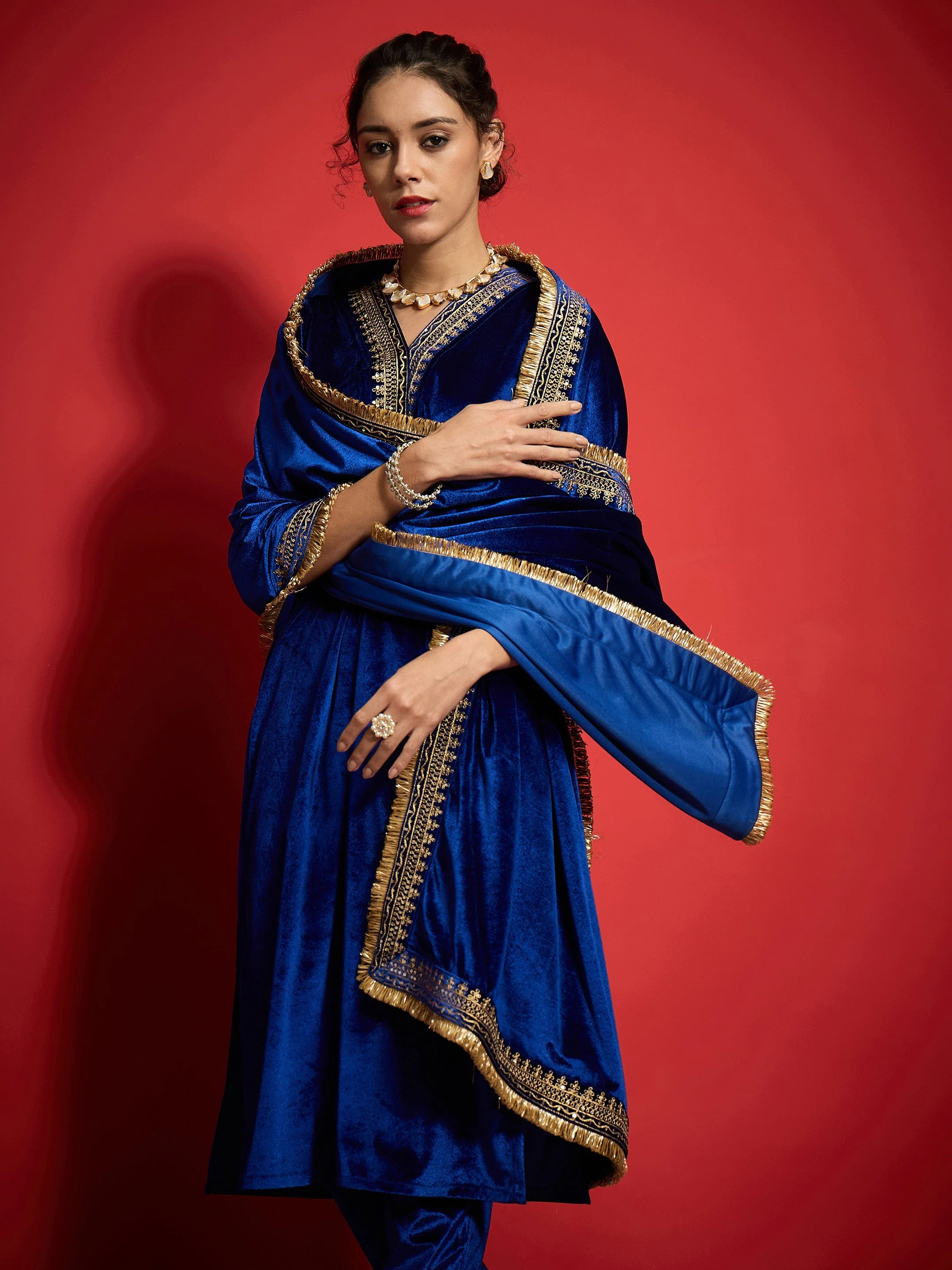 Women Royal Blue Embroidered Dushala