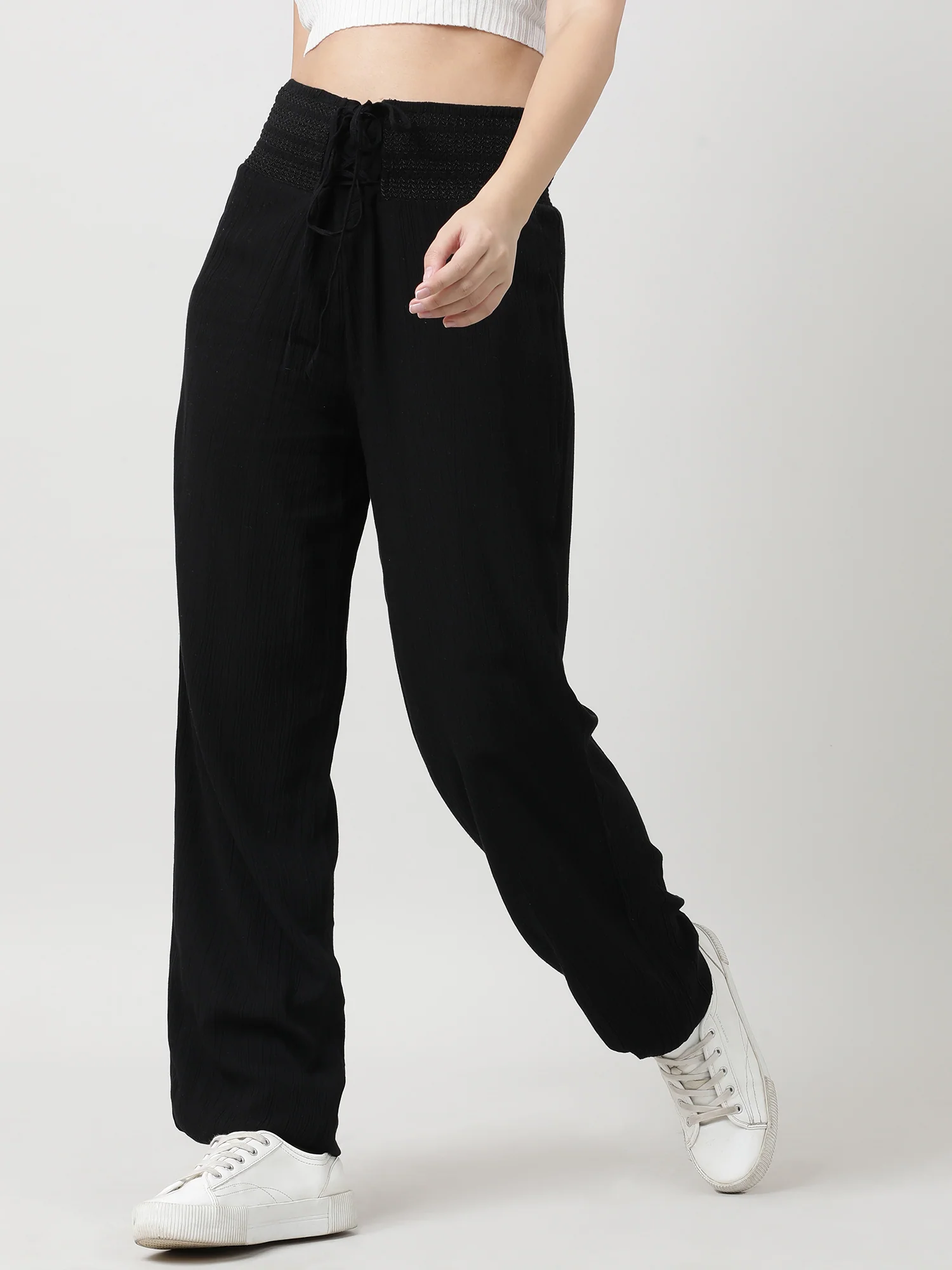Women Ruched Waist Black Pants