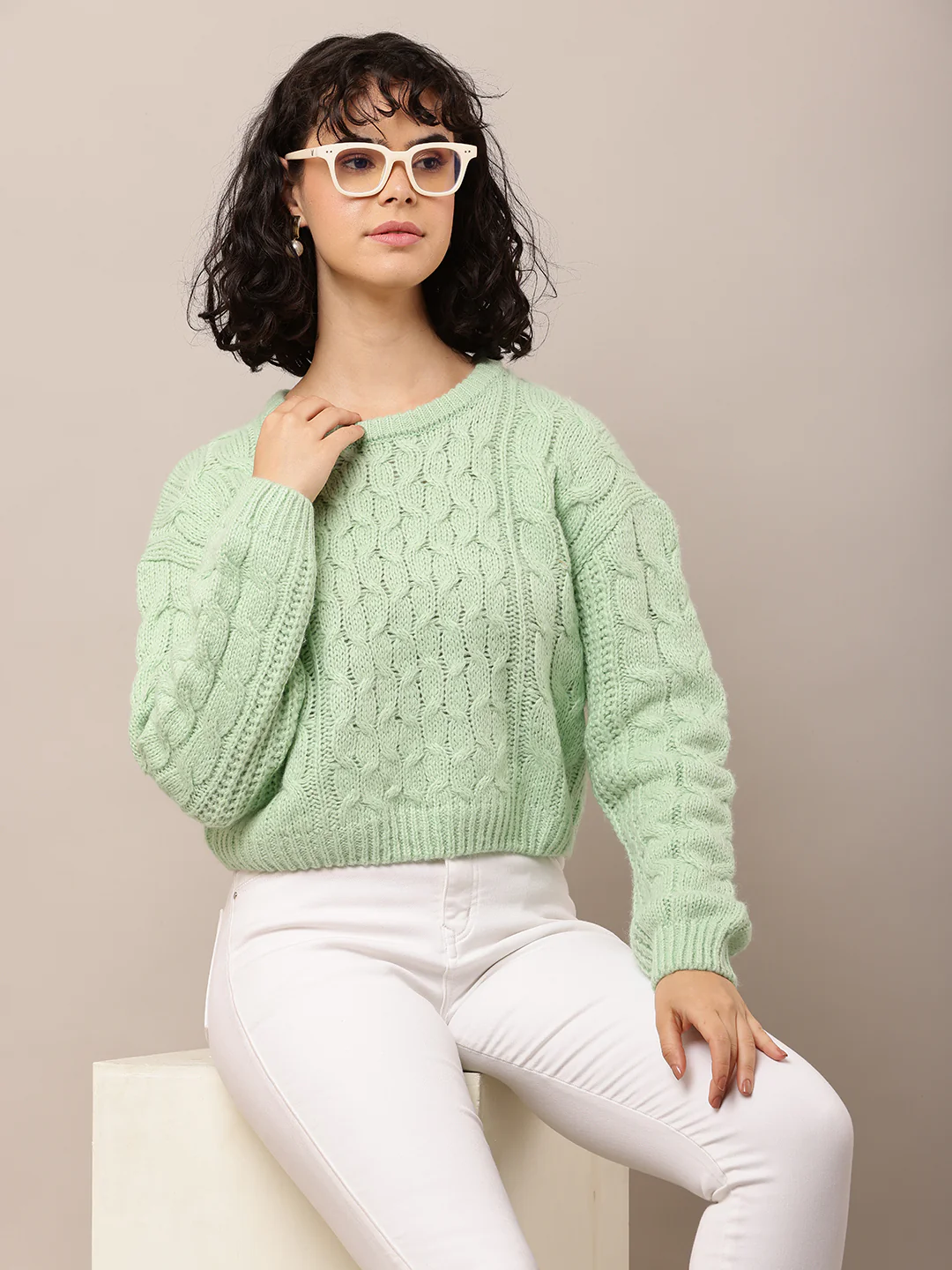 Women Sea Green Cable Knit Acrylic Sweater