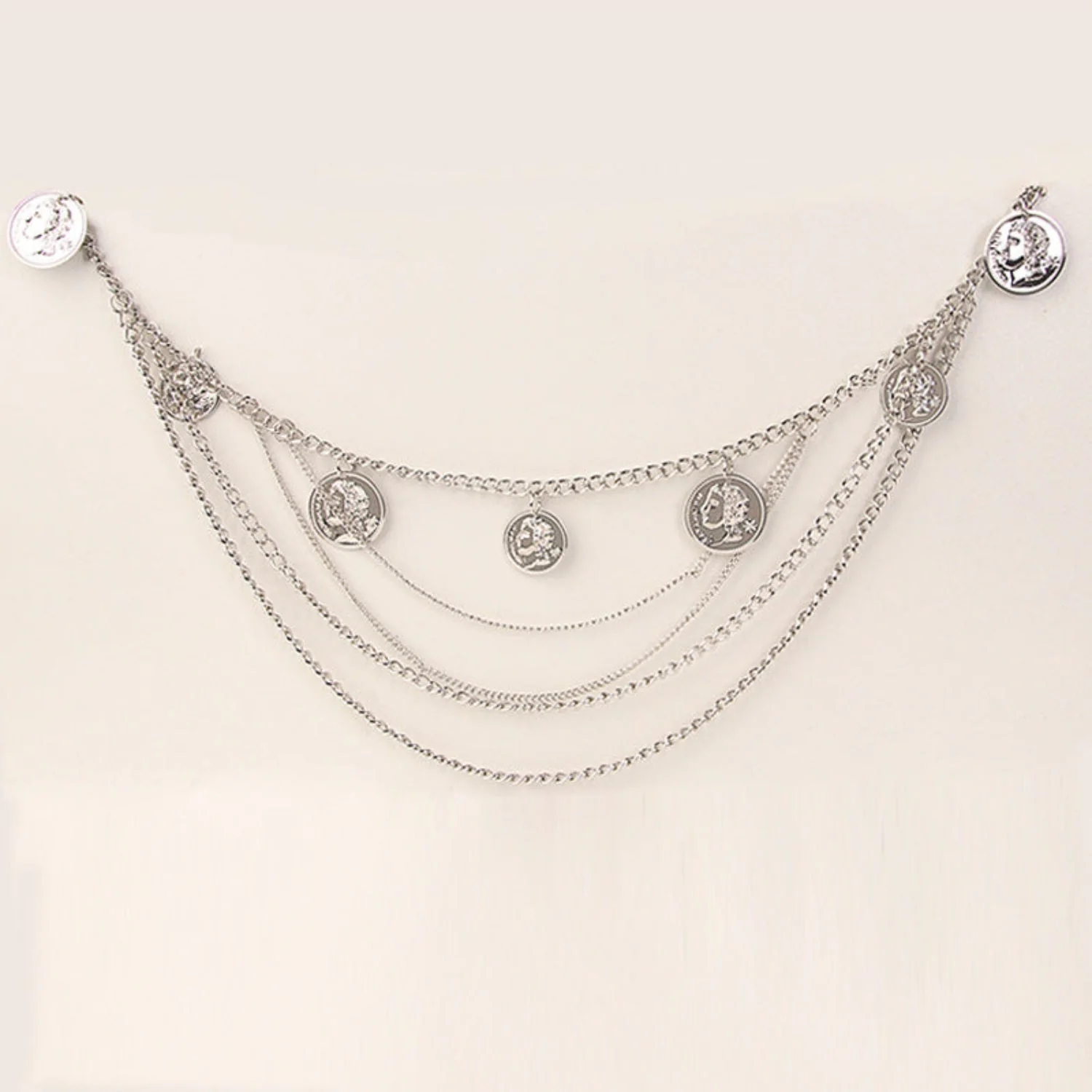 Women Silver Metal Tassel Portrait Pendant Chain