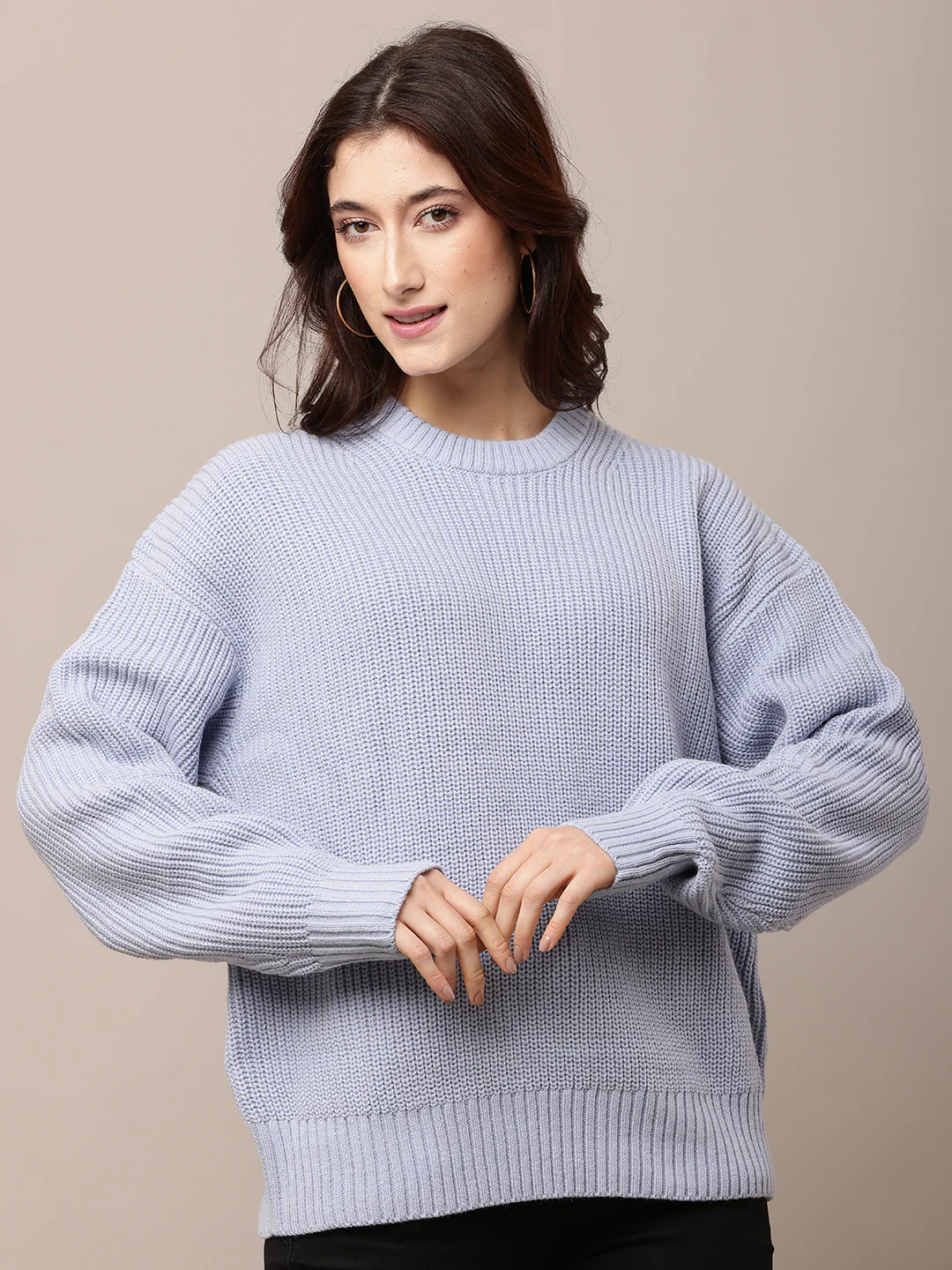 Women Sky Blue Baggy Sweater with Round Neck