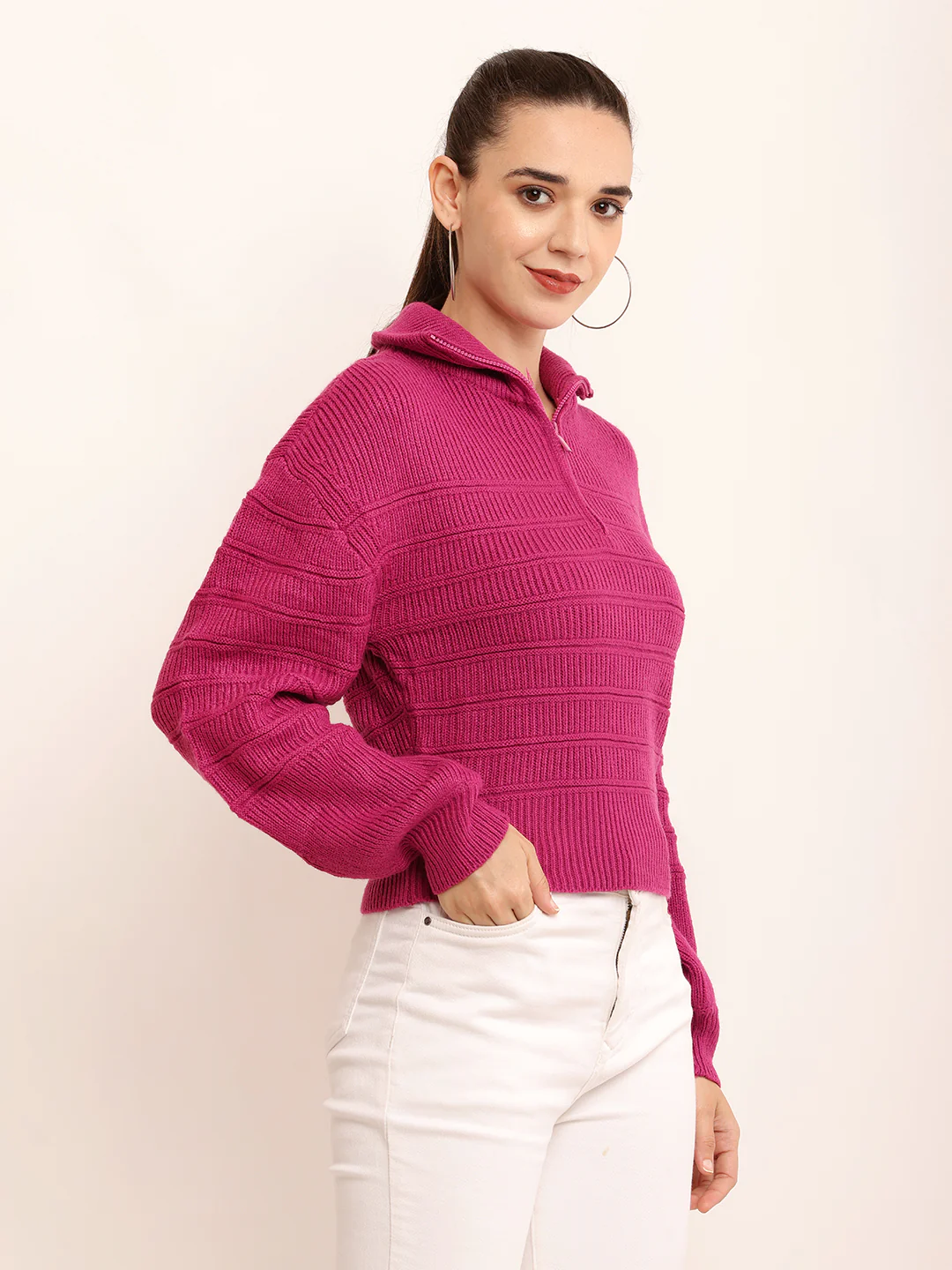Women Solid Zip Pullover - Image 2