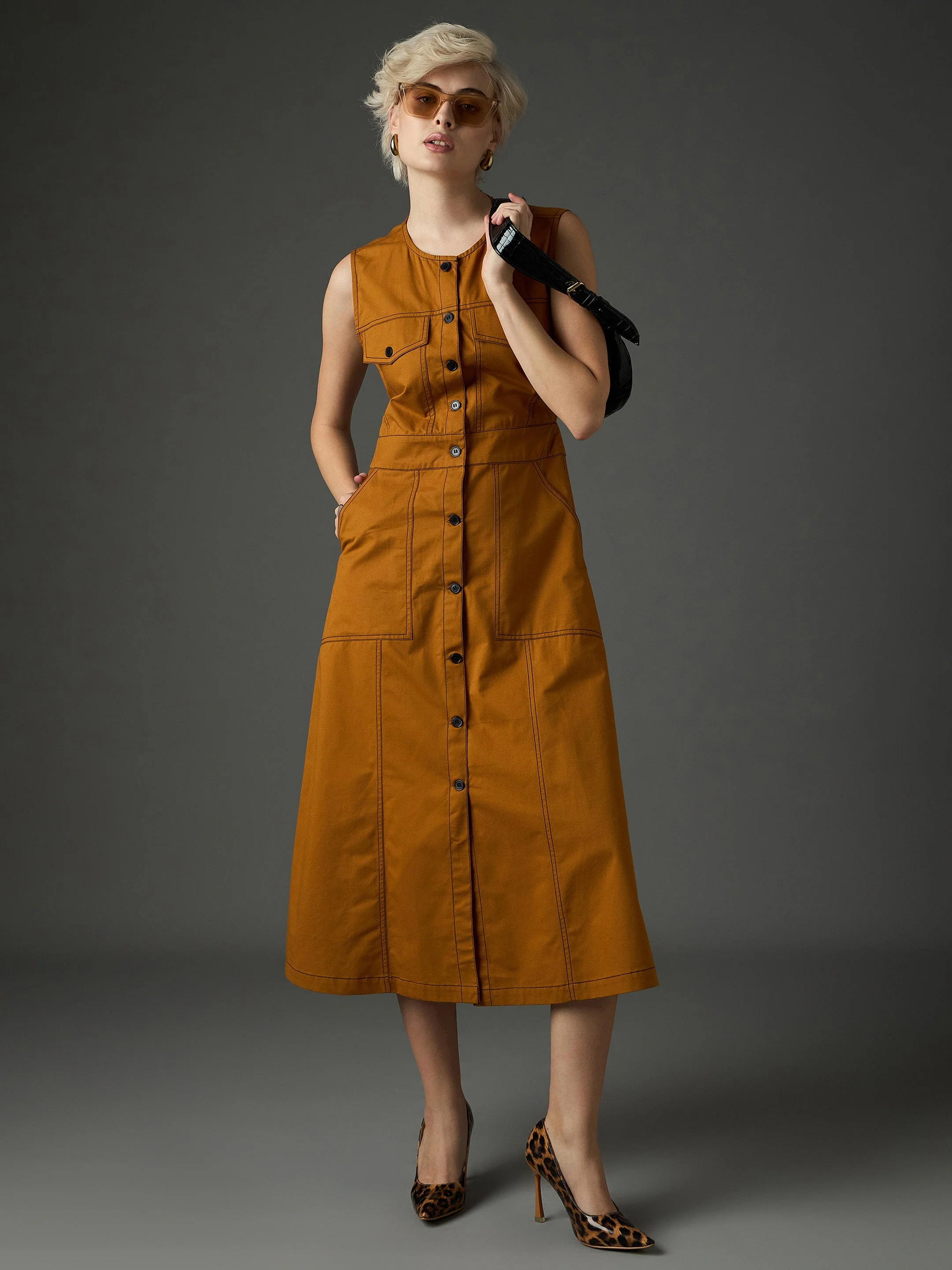 Women Tan Twill Waist Cut-Out Midi Dress