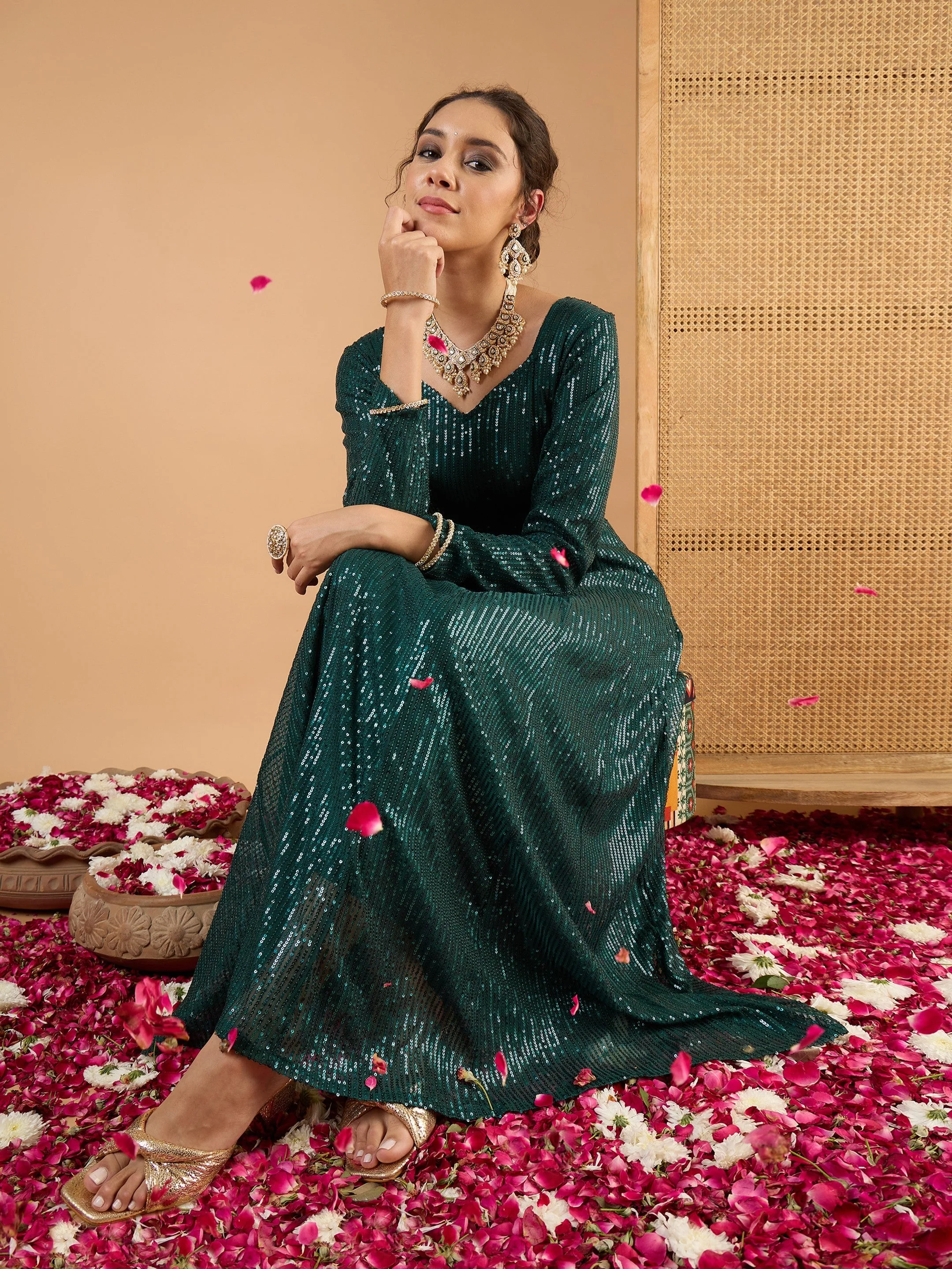 Women Teal Green Sequence Anarkali Dress - Image 4