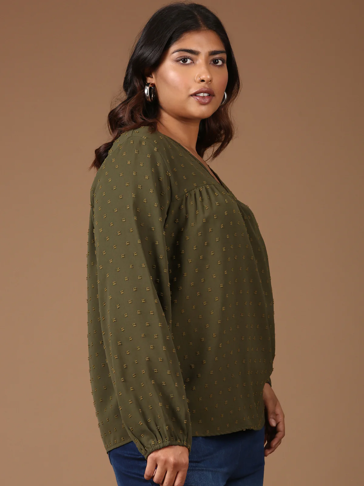 Women Textured Olive Top - Image 2