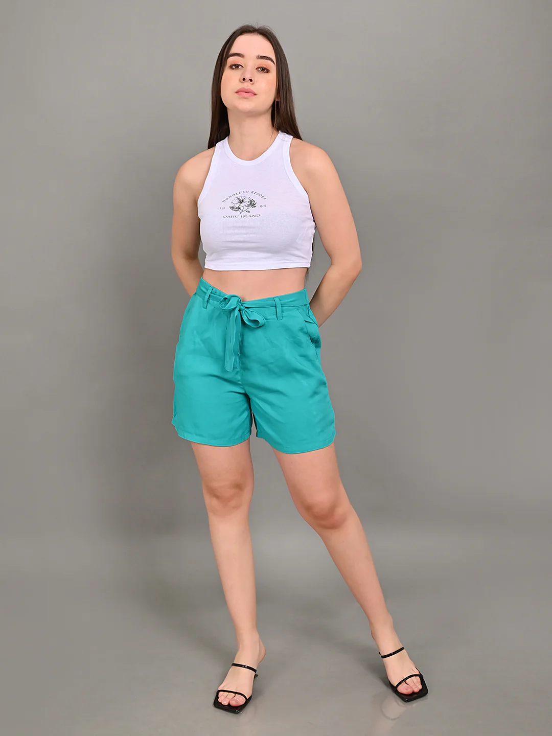 Women Turquoise Elastic Waist Shorts - Image 2