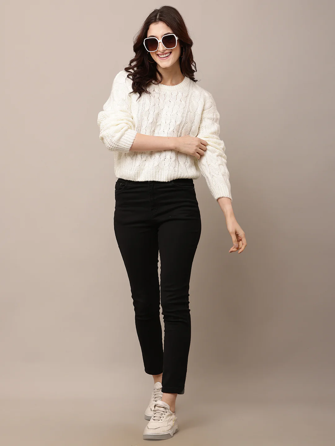 Women White Cable Knit Acrylic Sweater - Image 3