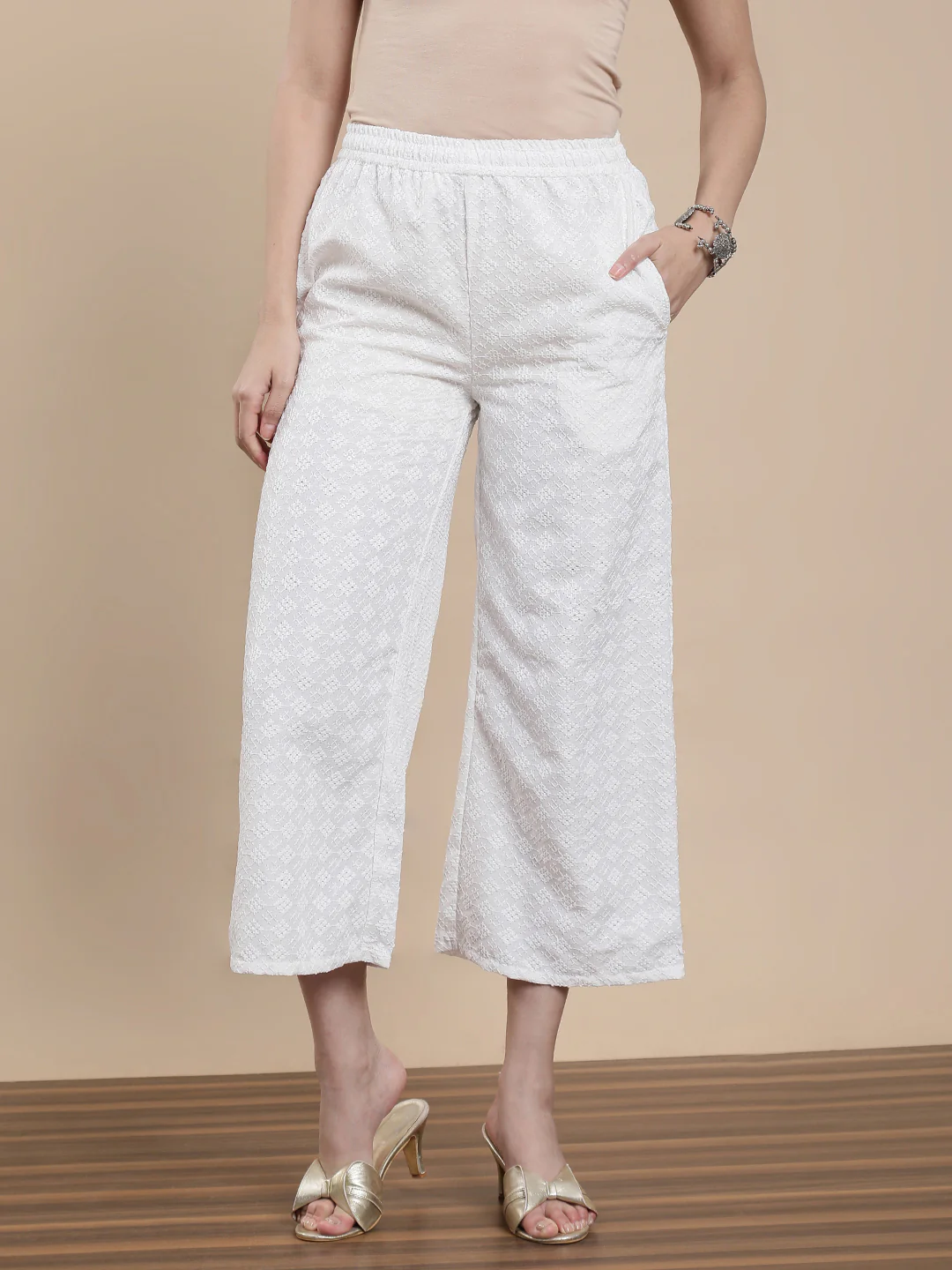 Women White Casual Palazzo