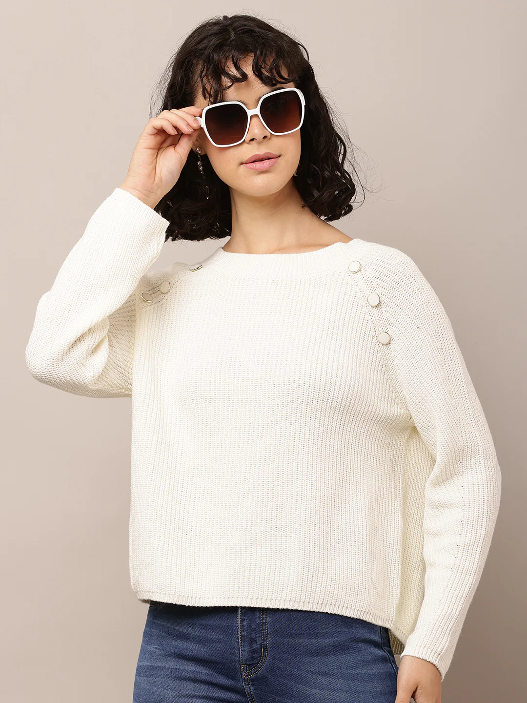Women White Cotton Crew Neck Sweater