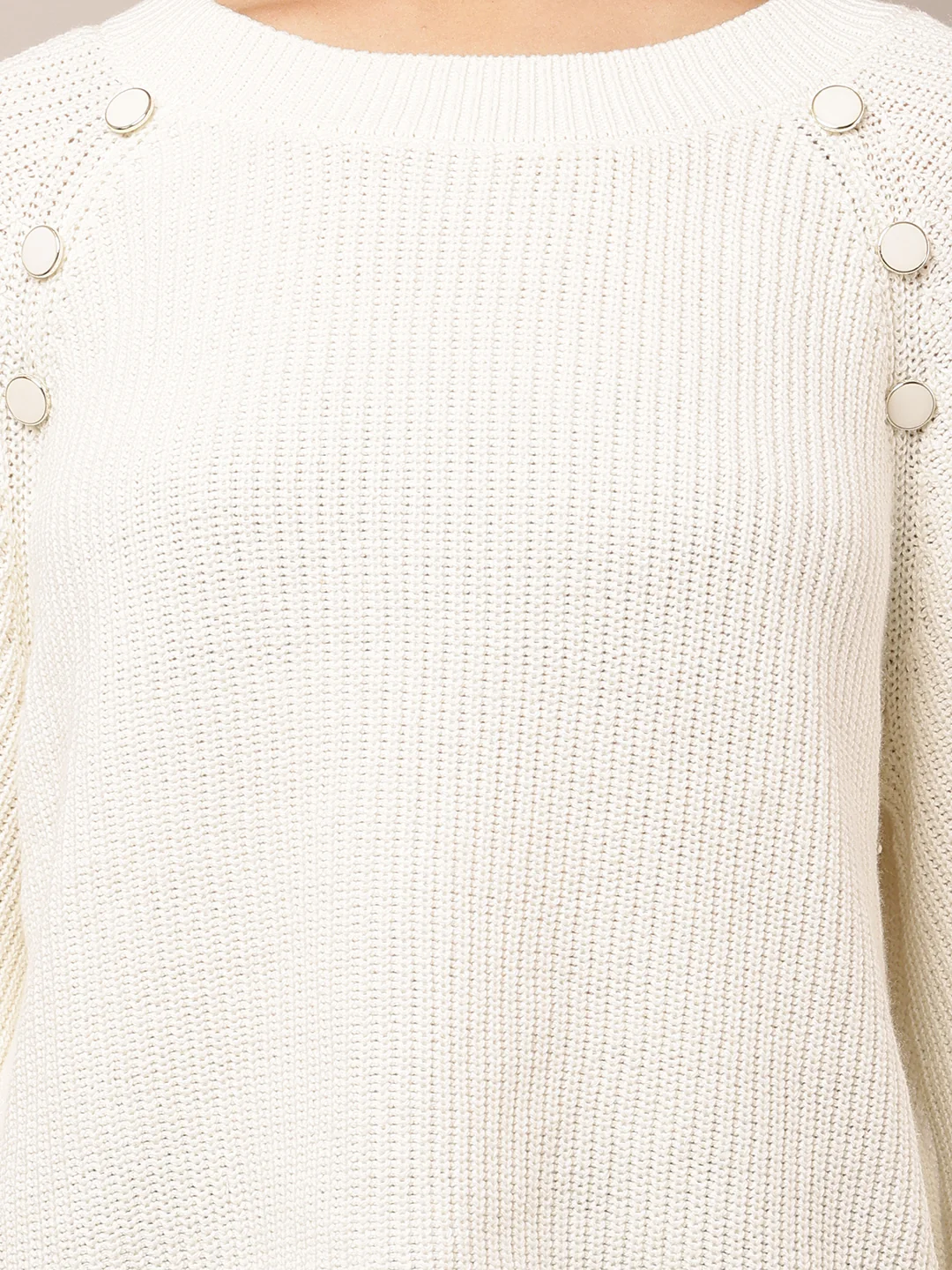 Women White Cotton Crew Neck Sweater - Image 5
