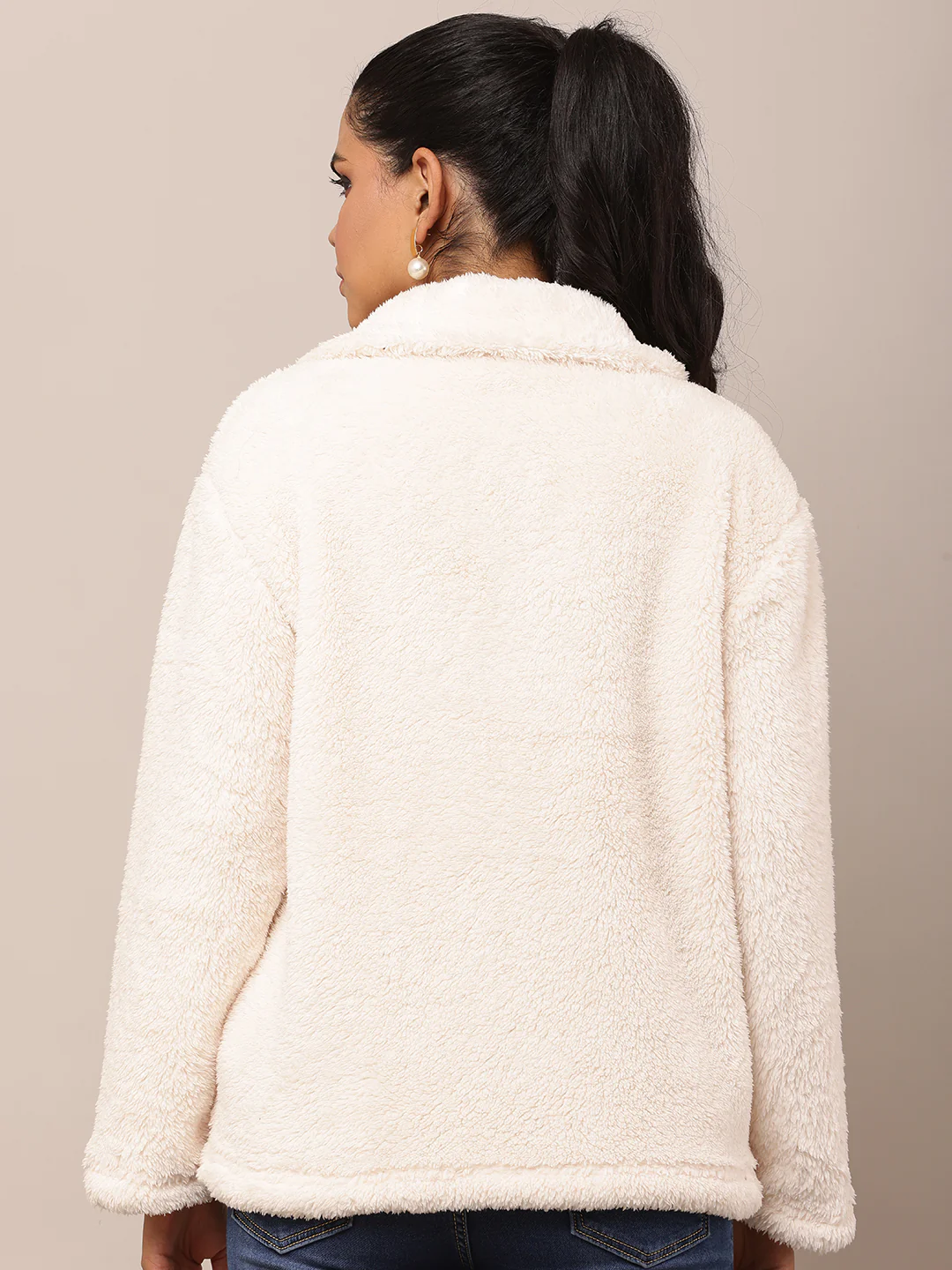 Women White Fleece Shirt Collar Jacket - Image 4
