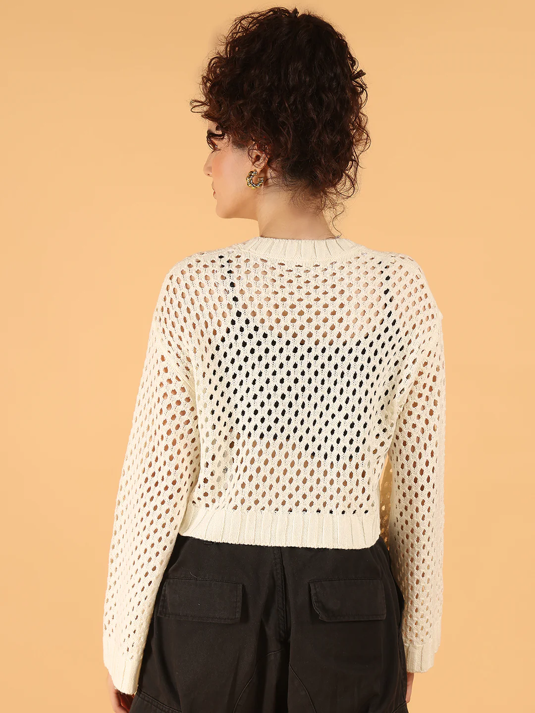 Women White Open Knit Cropped Sweater - Image 4
