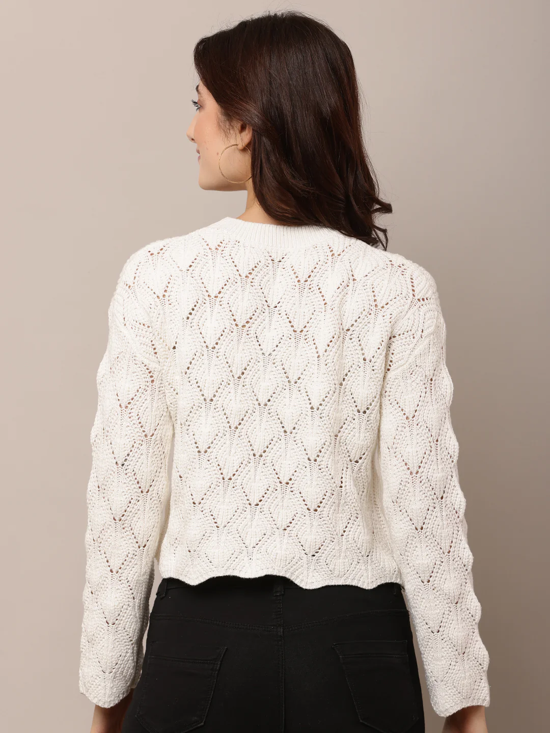 Women White Round Neck Cotton Sweater - Image 4