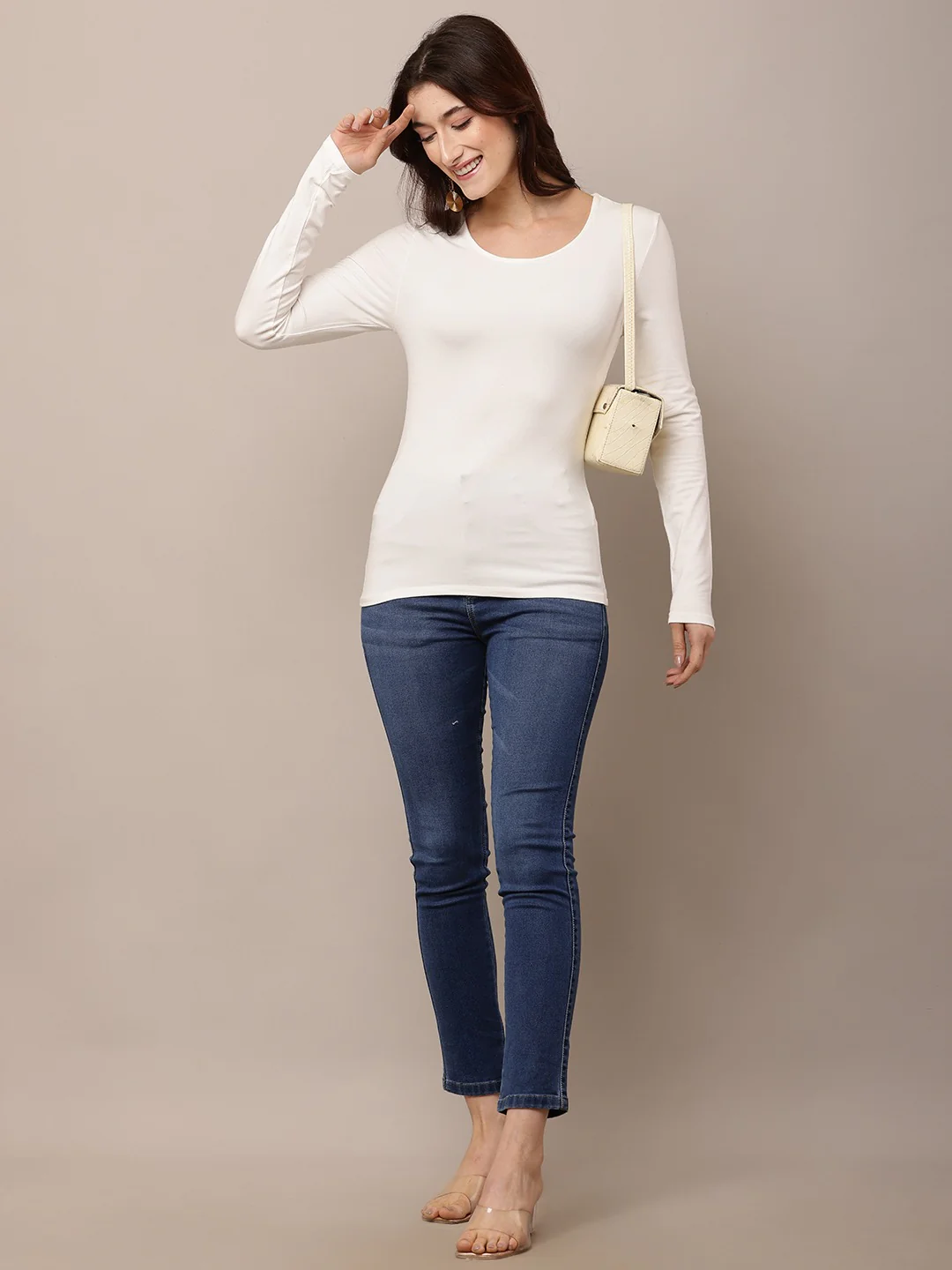 Women White Round Neck Full Sleeve T-shirt - Image 3