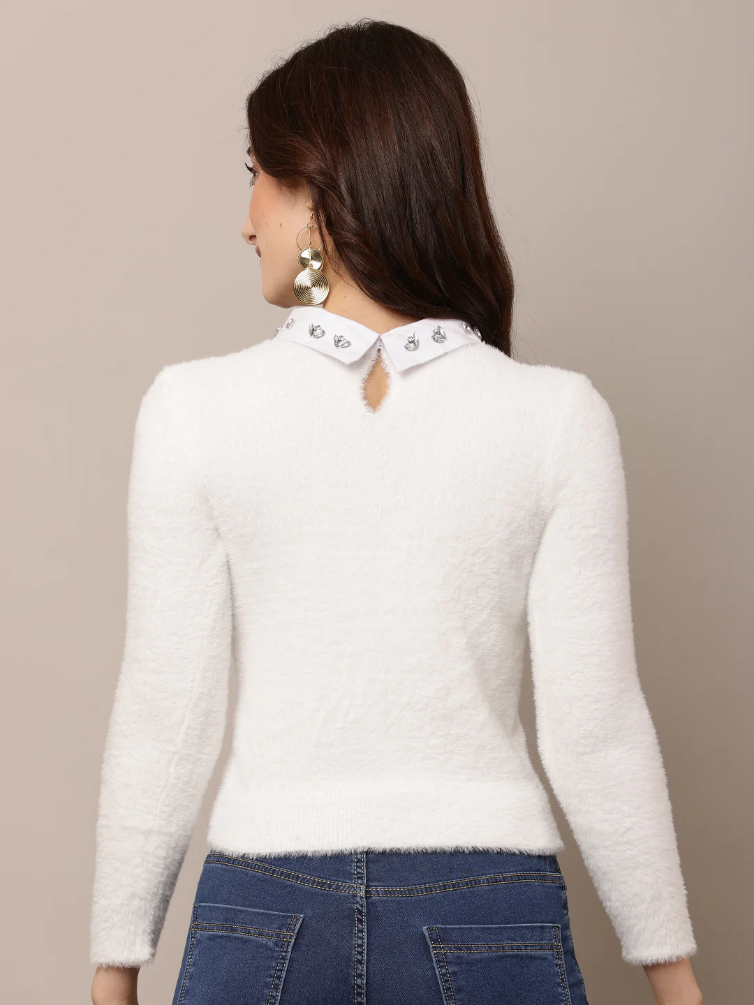 Women White Round Neck Nylon Sweater - Image 4