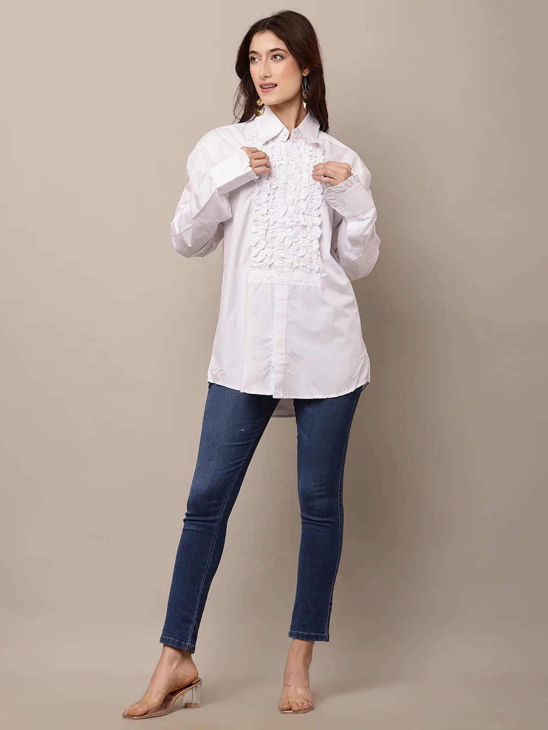 Women White Ruffle Shirt with Full Sleeves - Image 3