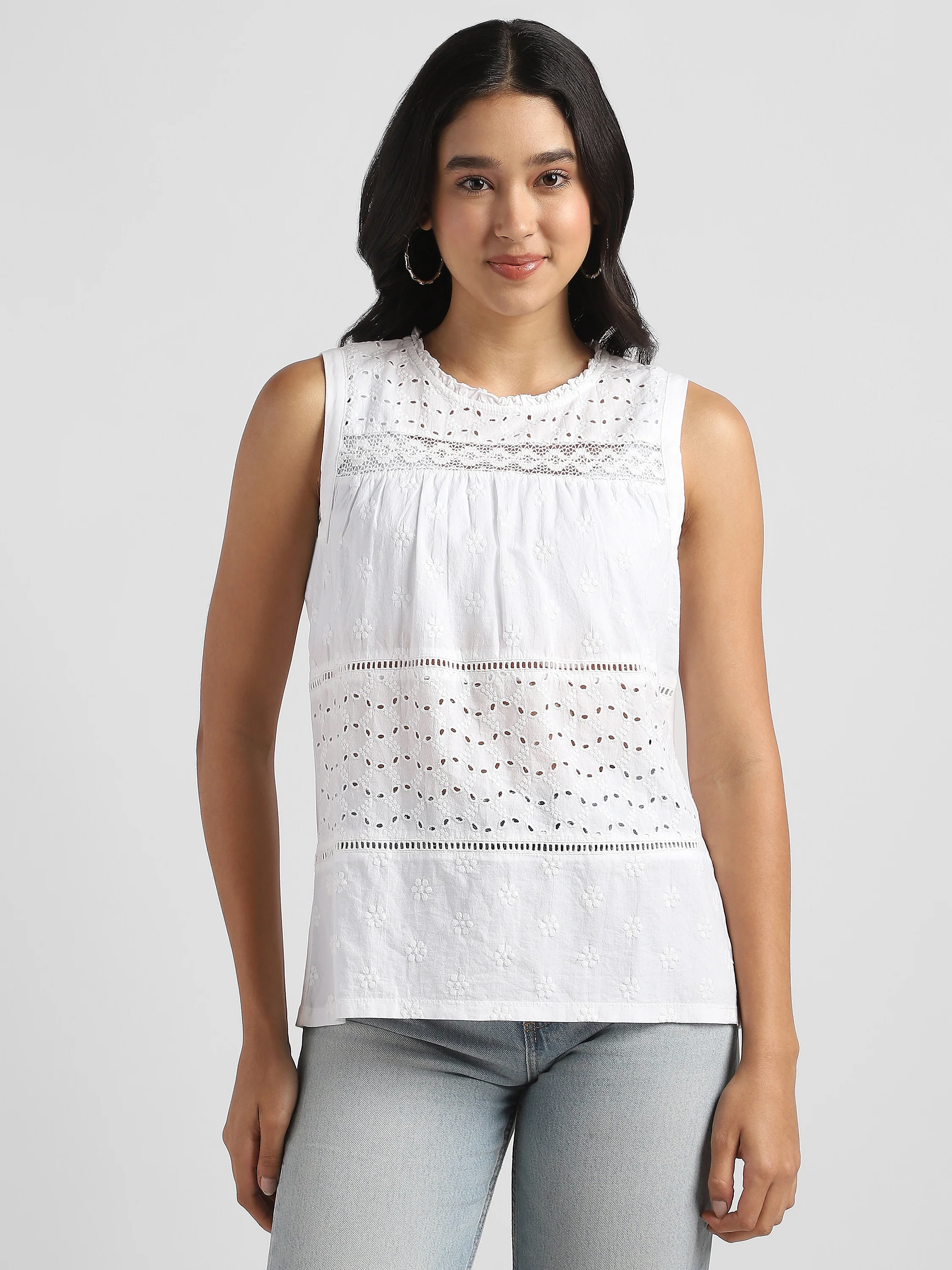 Women Cotton White Shiffli Embroidered Top