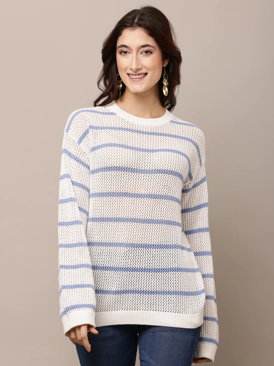 Women White Striped Acrylic Sweater