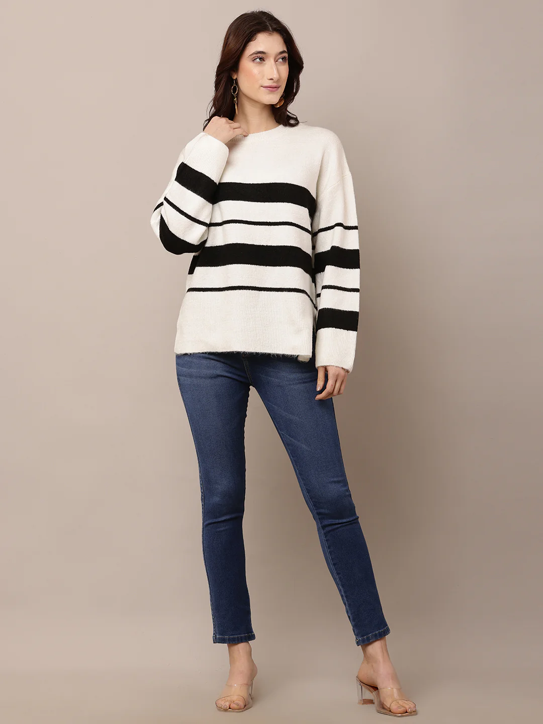 Women White Striped Acrylic Sweater - Image 3