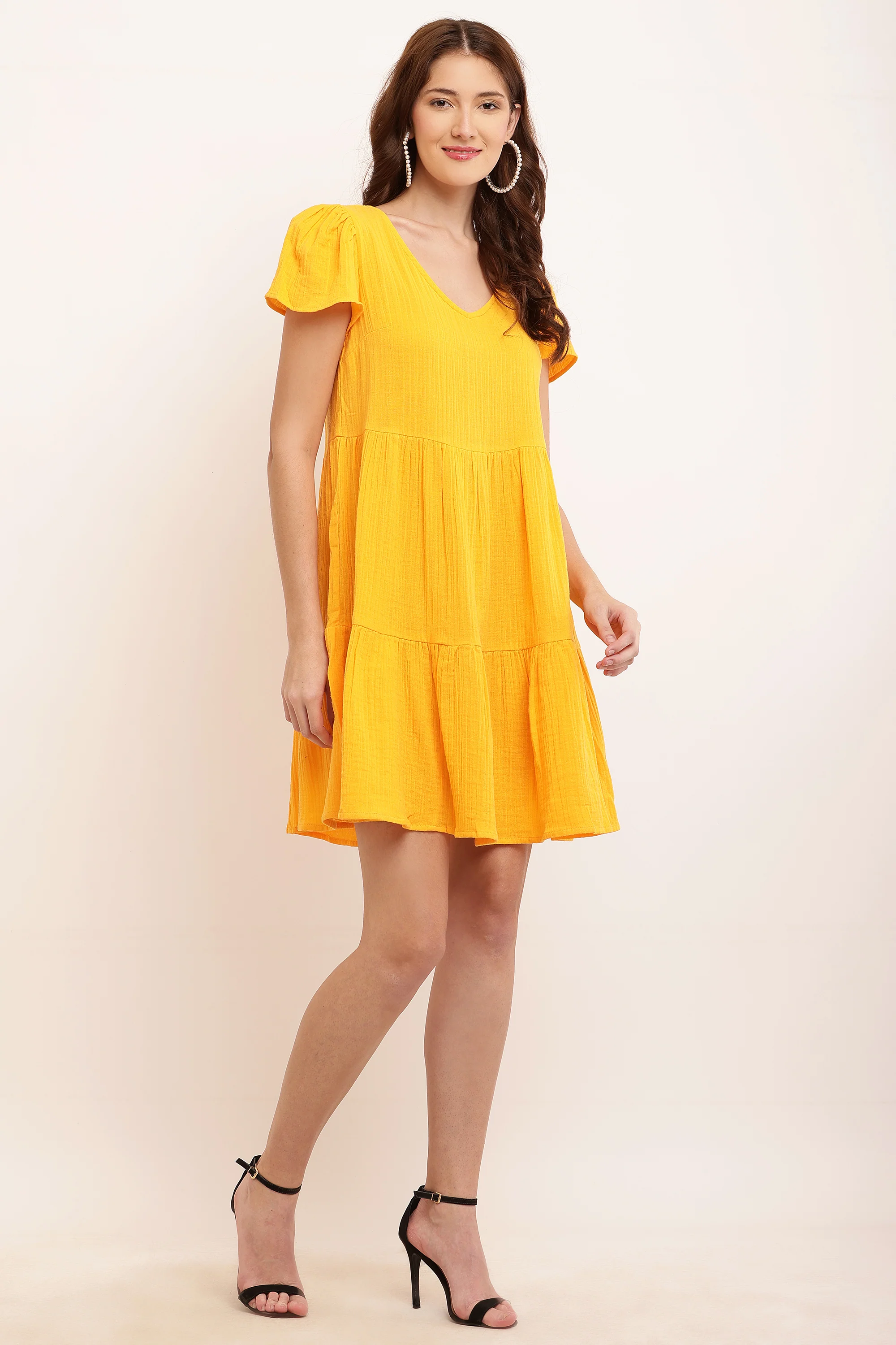 Women Yellow Puff Sleeve Dress - Image 4