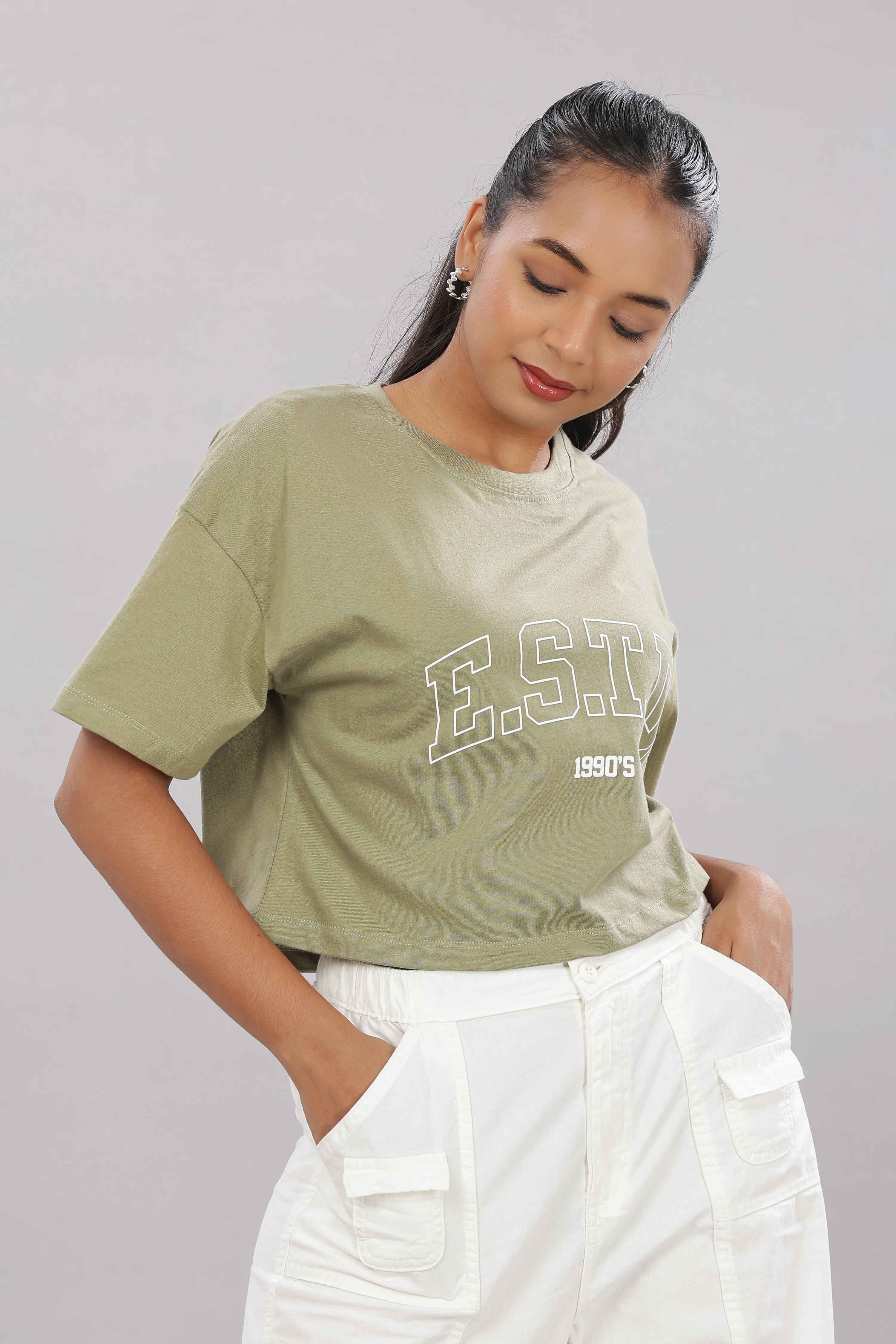 Women Printed Olive Cotton Tshirt